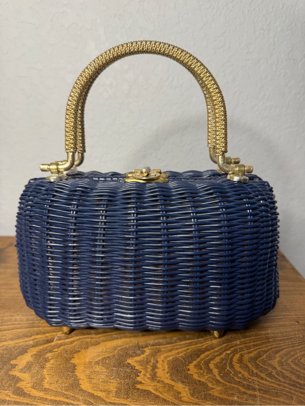 Navy Woven Mini Top-Handle Bag with Gold-Tone Handles 1960’s Hong Kong